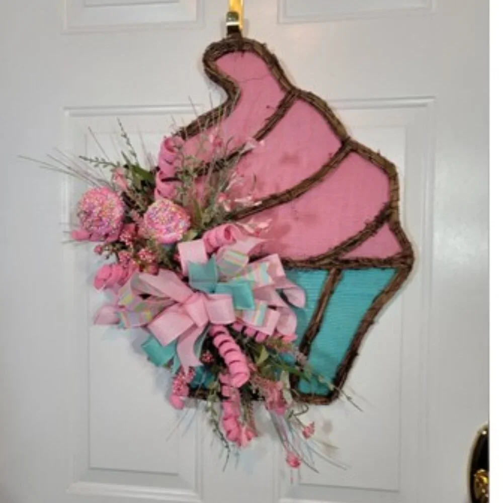Cupcake Wreath, Pink Blue Birthday Cupcake Front Door Wreath, Hand Crafted